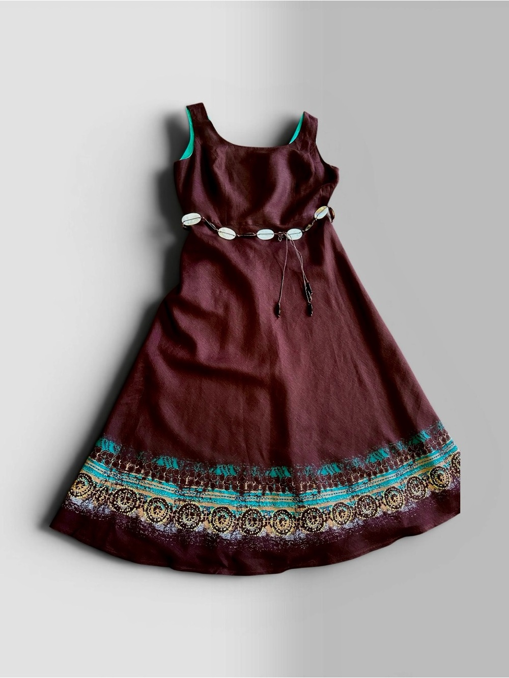 Positive Attitude Brown Dress with Turquoise Accents. Linen rayon outer
